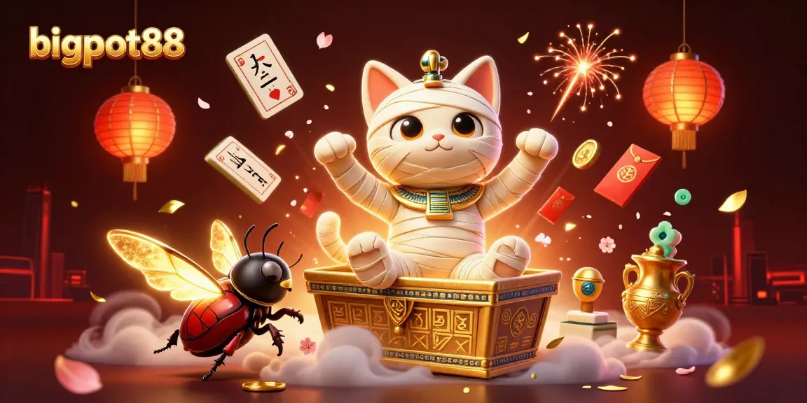 Experience bigpot88 excitement where an Egyptian mummy cat bursts from a sarcophagus, surrounded by vibrant casino elements.