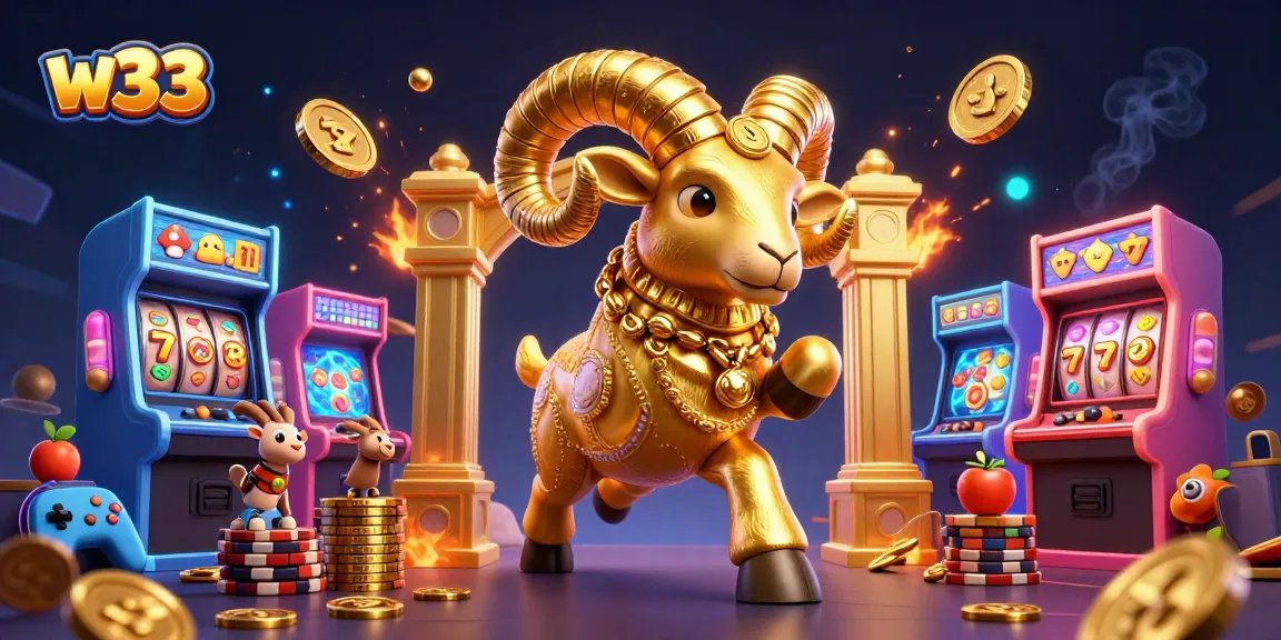 Experience thrilling w33 pokies action with a golden ram charging through a vibrant casino scene.