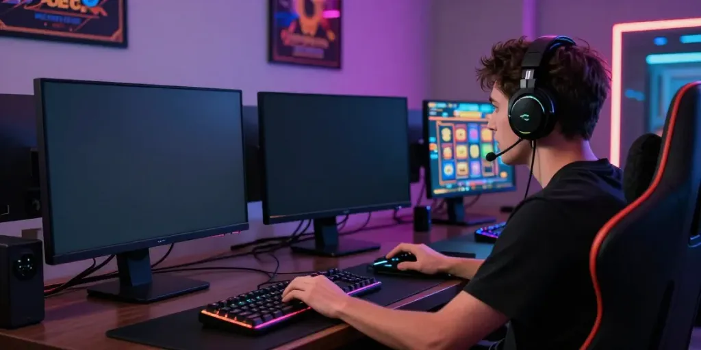 Engaged player exploring a slot gacor game online in a modern gaming setup.