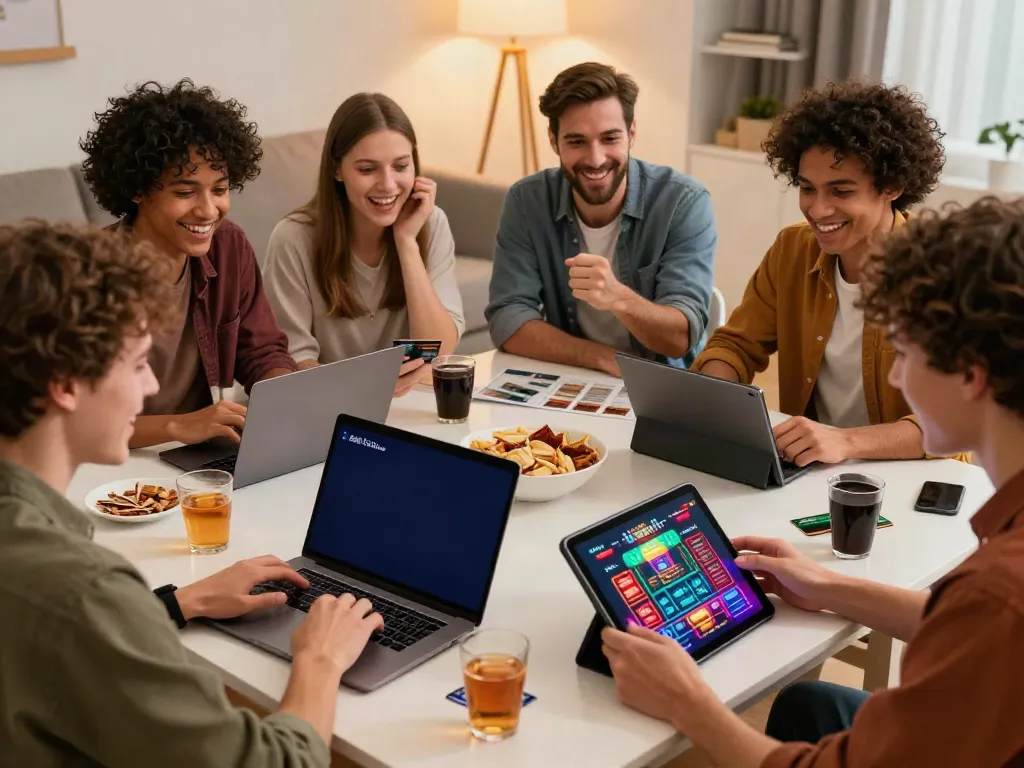 Friends enjoying gaming together at credit card casino sites, vibrant online atmosphere.