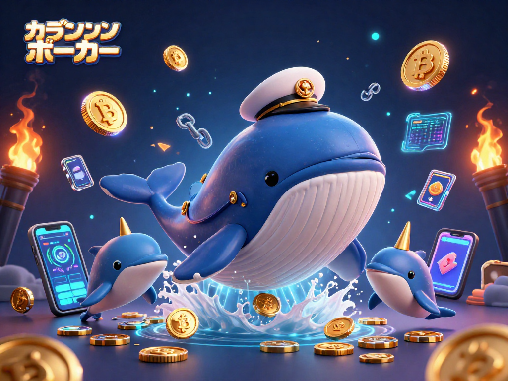 オンラインカジノ ポーカーを体験するカラフルなイルカとクジラの3Dアートイラスト