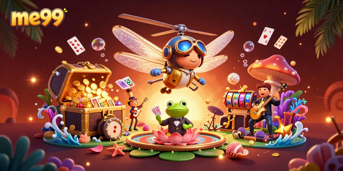 Experience me99's unique gaming with a dragonfly pilot, frog croupier, and jazz musicians in a vibrant casino scene.