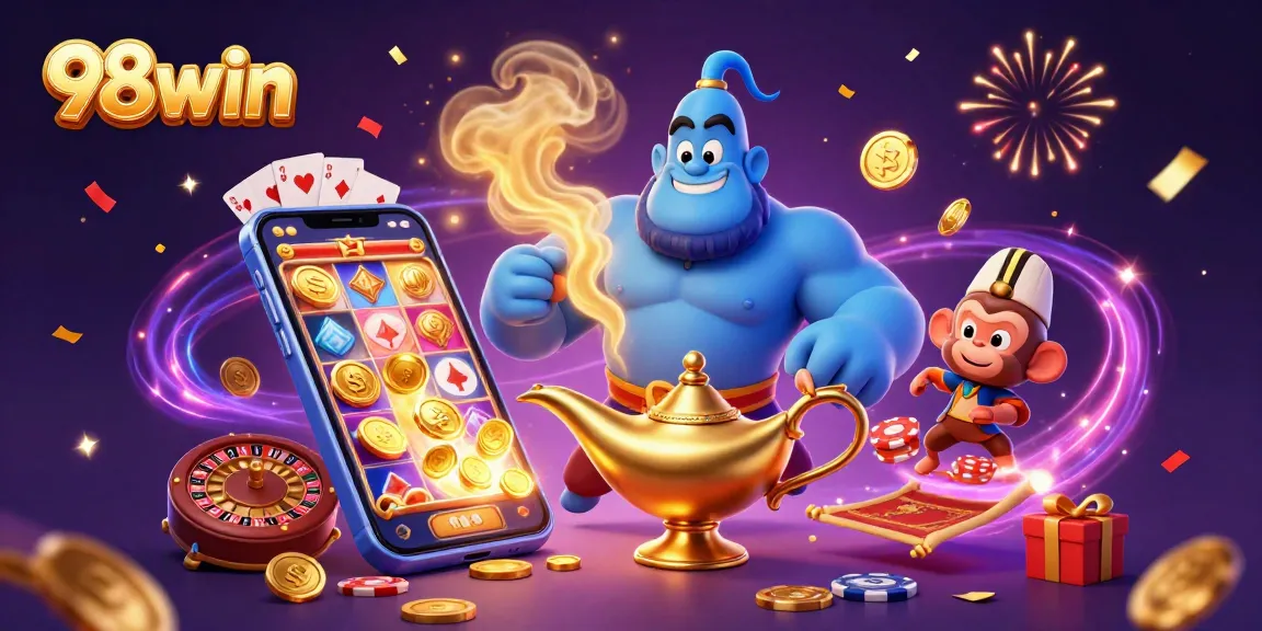 Experience the thrill of 98win's online casino with vibrant slot games, poker chips, and magical elements.