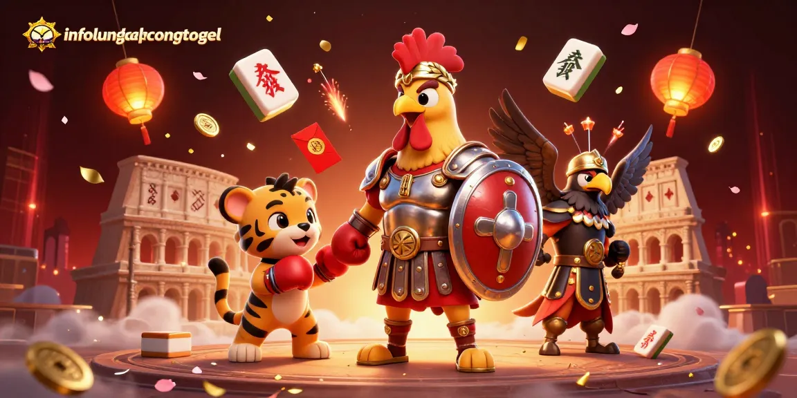 Engage in exciting gameplay at infolengkapcongtogel with a vibrant 3D illustration of a rooster gladiator and festive elements.