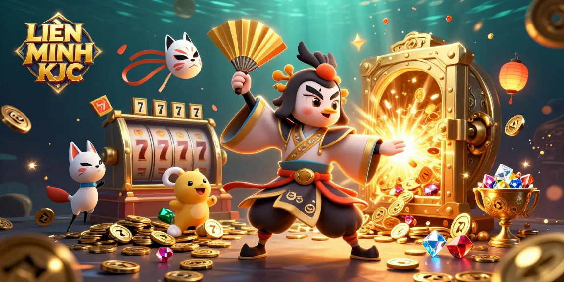 Engage with LIÊN MINH KJC in a vibrant casino scene packed with slot reels and golden treasures