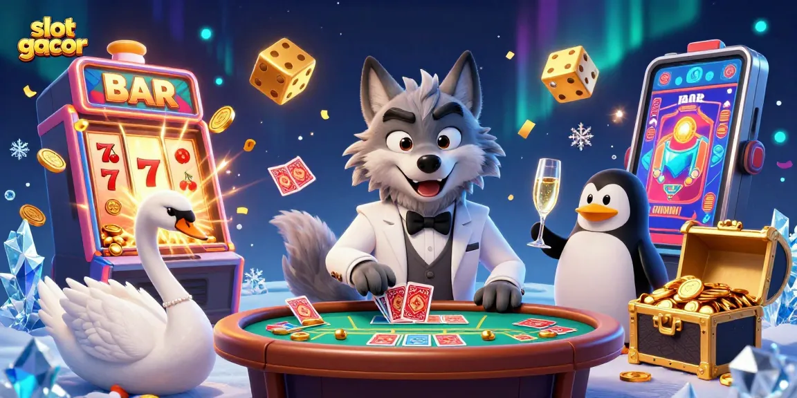 Slot gacor yang menarik dengan jackpot menggelegar dan karakter kartun kasino yang bersinar.