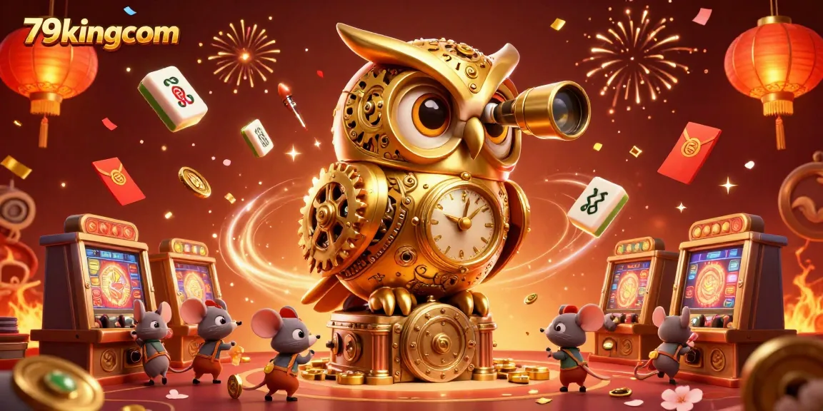 Experience the excitement of 79kingcom with a vibrant, 3D casino scene featuring a golden owl and festive elements.