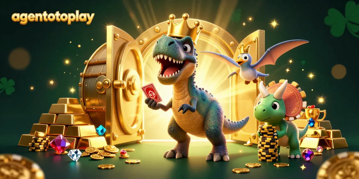 agentotoplay menang besar dengan T-Rex yang mengocok kartu dan triceratops menumpuk chip emas.
