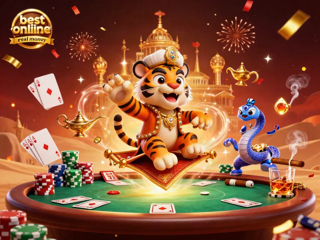Experience the excitement of the best online casino real money with a vibrant scene featuring a magical tiger sultan and poker elements.