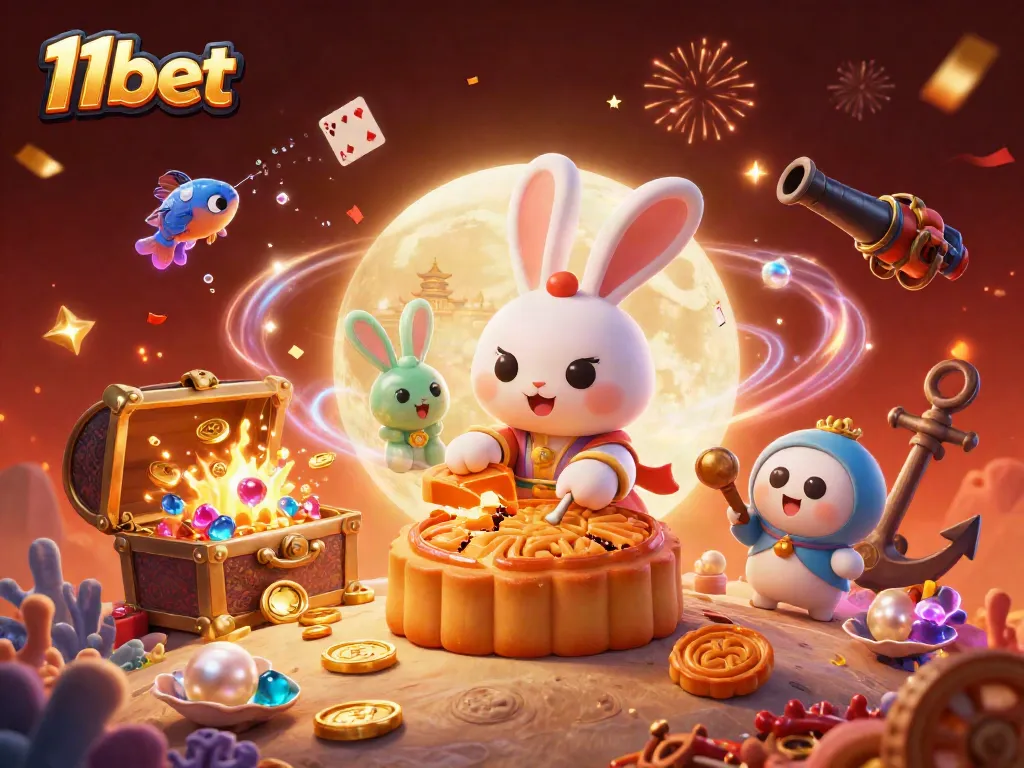 Join the 11bet fun with a colorful casino-centric scene featuring a moon rabbit and poker chips.