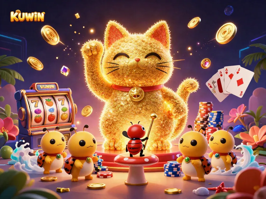 Experience the thrilling excitement of KUWIN’s casino world with stunning visuals of slot machines, lucky symbols, and vibrant golden fireflies.