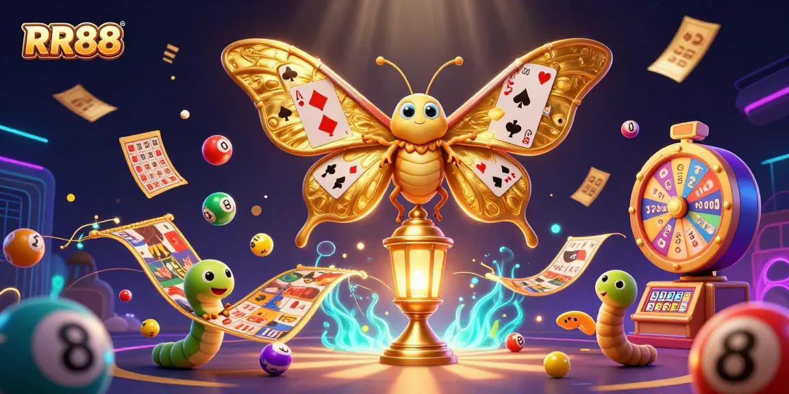 Win big with RR88’s vibrant casino games featuring colorful lottery balls and a majestic moth.