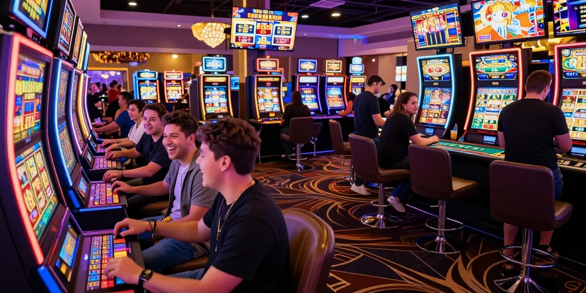 Exciting casino scene showing players at slot gacor machines celebrating wins with vibrant lights and lively atmosphere.