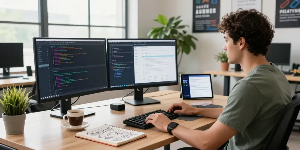 Pengembang perangkat lunak bekerja dengan PG server di ruang kerja modern, dikelilingi layar dengan kode.