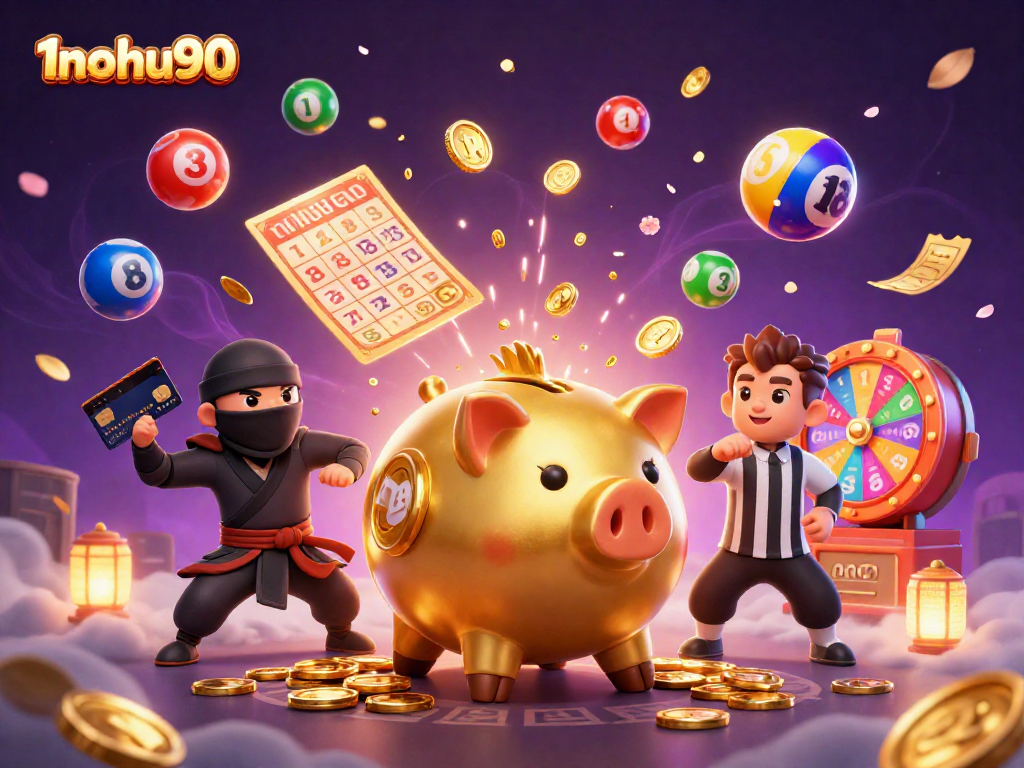 Experience the vibrant gaming action of 1nohu90 with a dynamic illustration featuring playful gambling characters and elements.