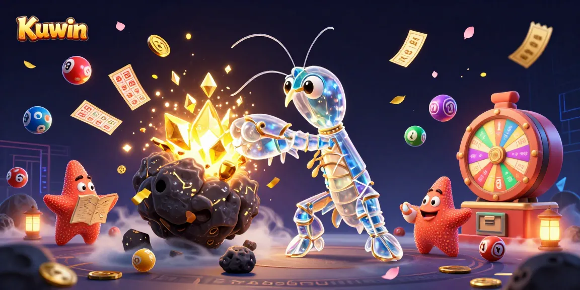 Kuwin's vibrant action scene features colorful lottery elements surrounded by golden coins and gems.