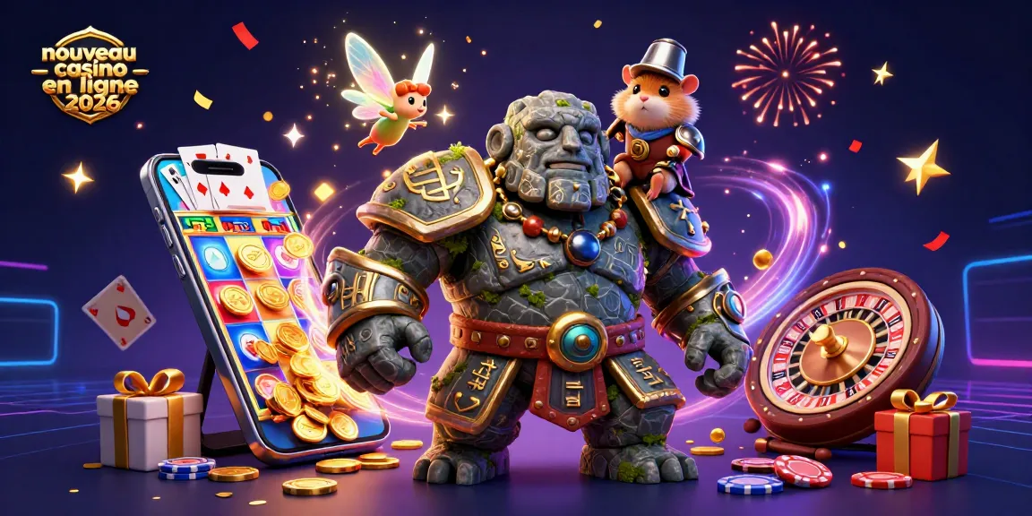 Jouez à nouveau casino en ligne 2026 avec un golem magique, une fée et un hamster chevalier dans une scène festive.