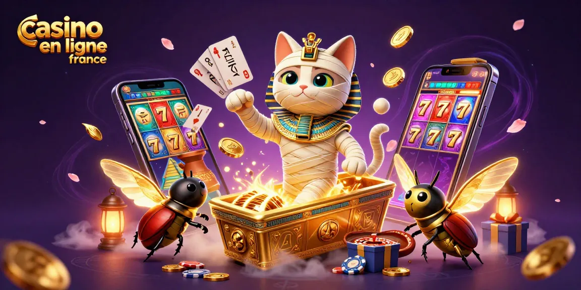 Embarquez pour un casino en ligne France avec un chat momie, cartes et jackpots dorés.