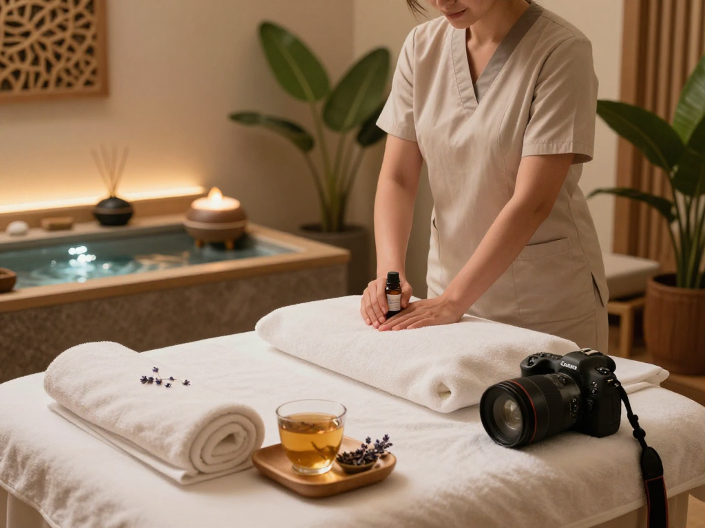 Balanced Massage therapy room with mantra88 essential oils, soothing decor, and calming atmosphere.