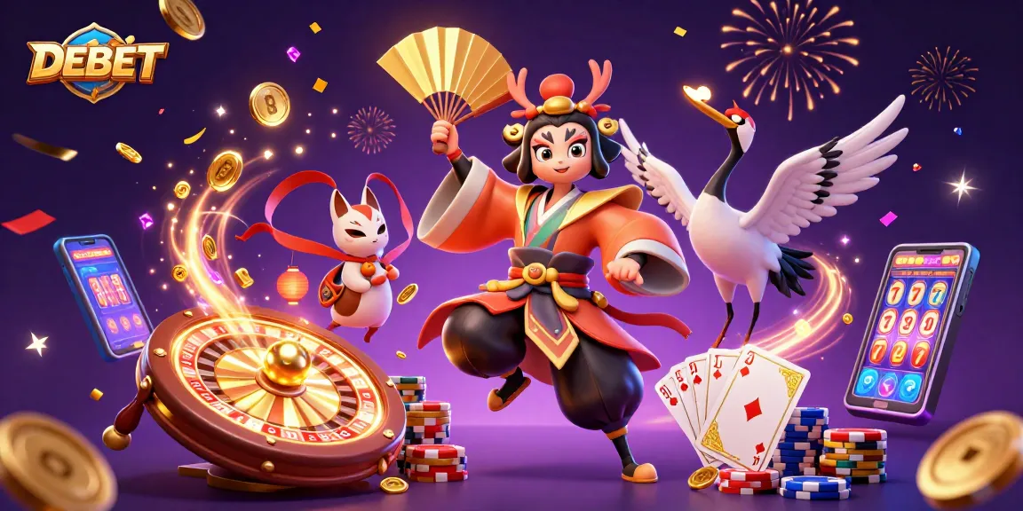 Experience epic wins with DEBET, featuring kabuki warriors and festive casino elements in dynamic 3D.