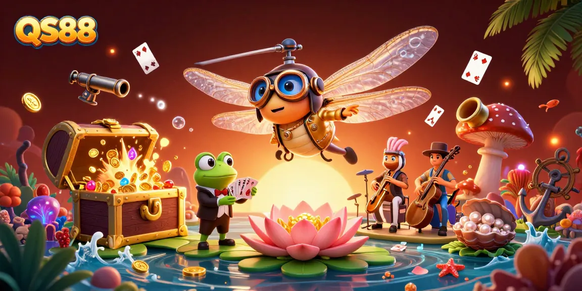 Experience the excitement of QS88's vibrant gaming world with a lively dragonfly pilot and playful frog dealer.