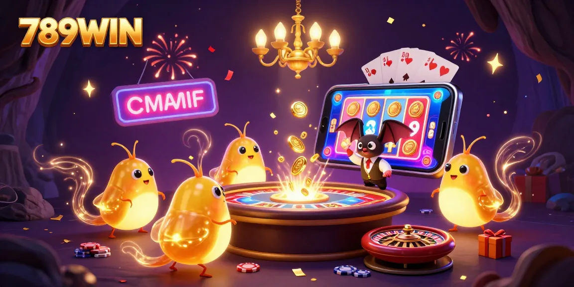 Experience the thrill of gaming with 789WIN in a vibrant casino scene featuring glowworms and a bat dealer.