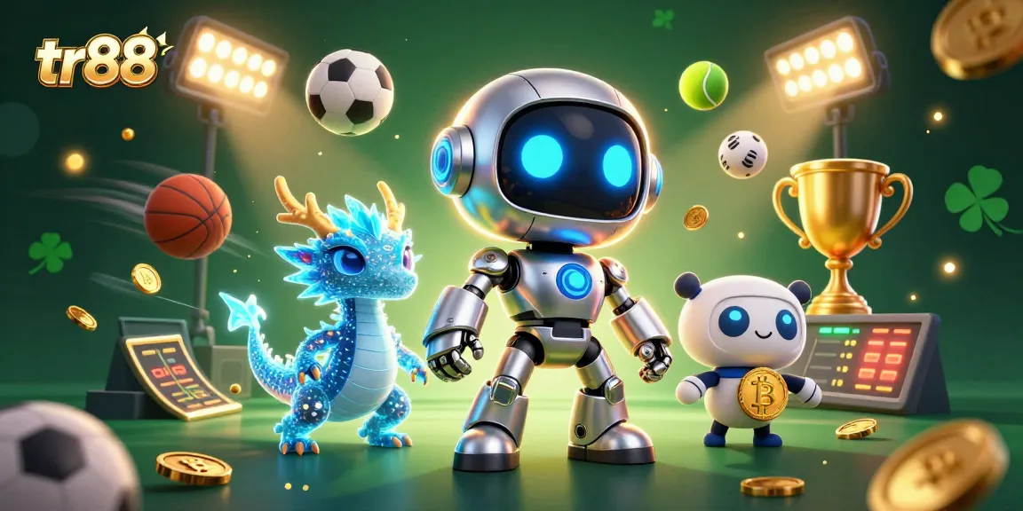 Bet and win at tr88 with thrilling 3D robot mascot and holographic AI dragon in a vibrant casino scene.