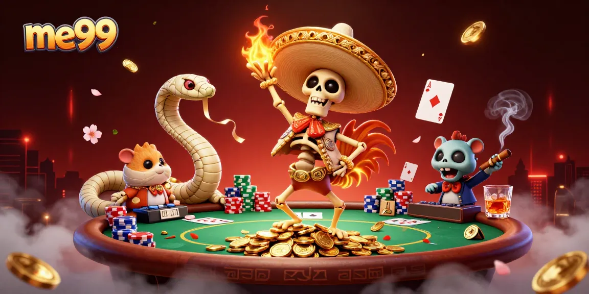 me99 showcases an exciting victory dance with casino elements, emphasizing lively gaming action.