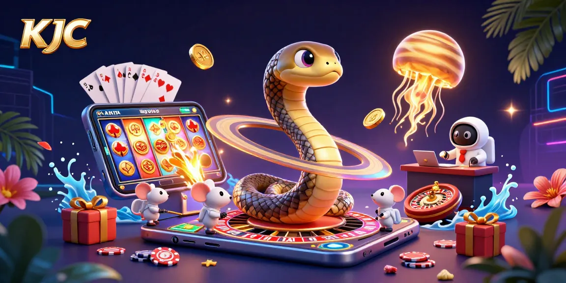 KJC showcases a vibrant online casino scene with a cosmic dealer, where astronaut mice bet on roulette.