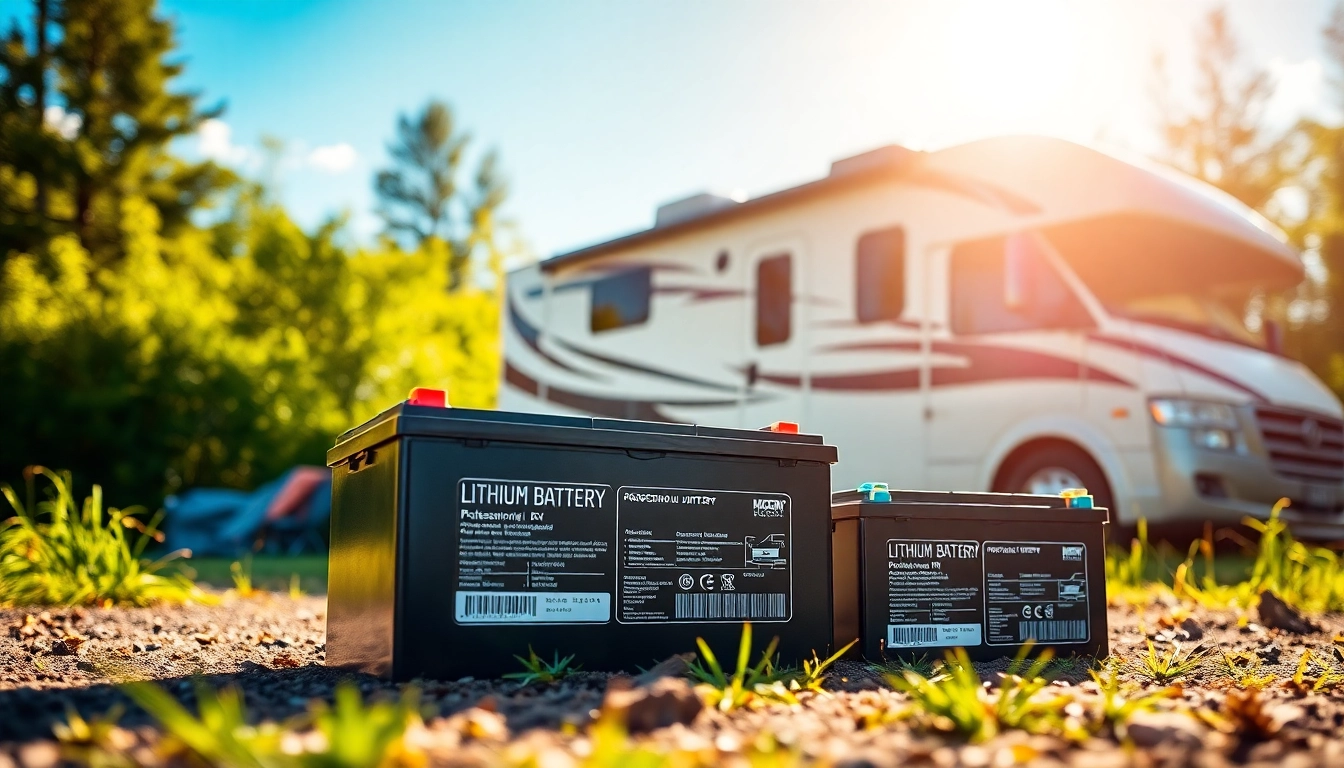 Showcasing lithium RV batteries in a beautiful outdoor setting, highlighting their features.