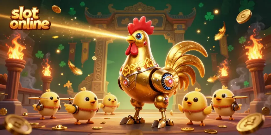 Experience thrilling gameplay in slot online with a golden rooster robot and baby chick drones amidst vibrant casino action.