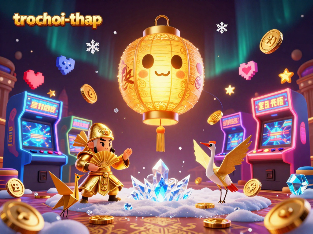 Engage with trochoi-thap in a vibrant casino scene filled with golden lantern spirits and arcade machines.
