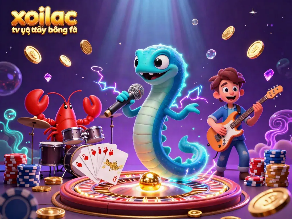 Xoilac TV trực tiếp bóng đá scene with a DJ eel, lobster drummer, and seahorse guitarist in a colorful underwater casino.