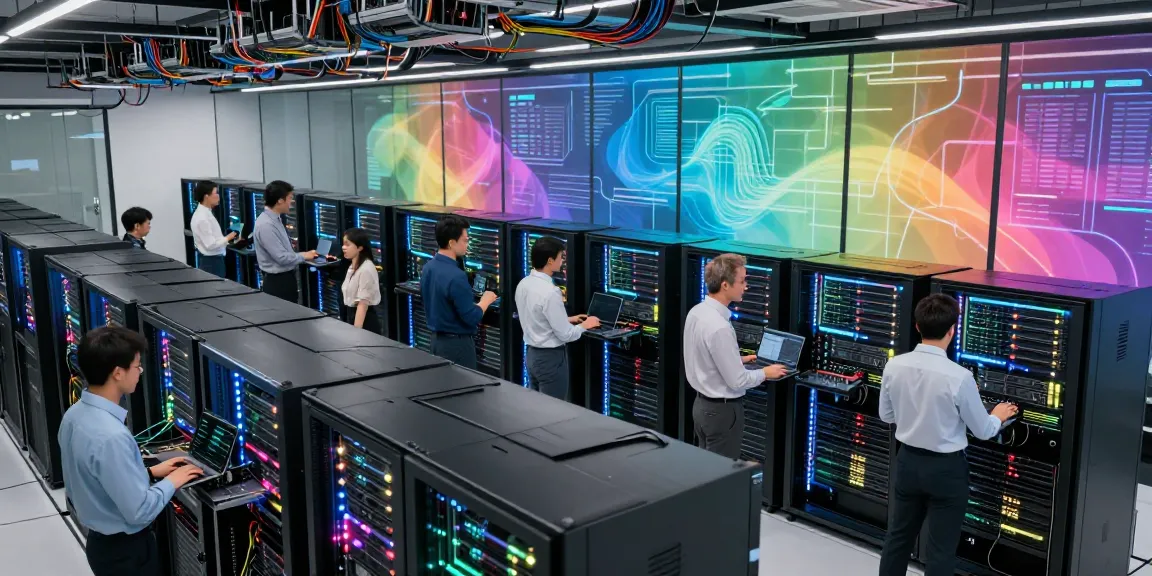 Dynamic environment showcasing GPU computing with professionals collaborating in a high-tech data center.