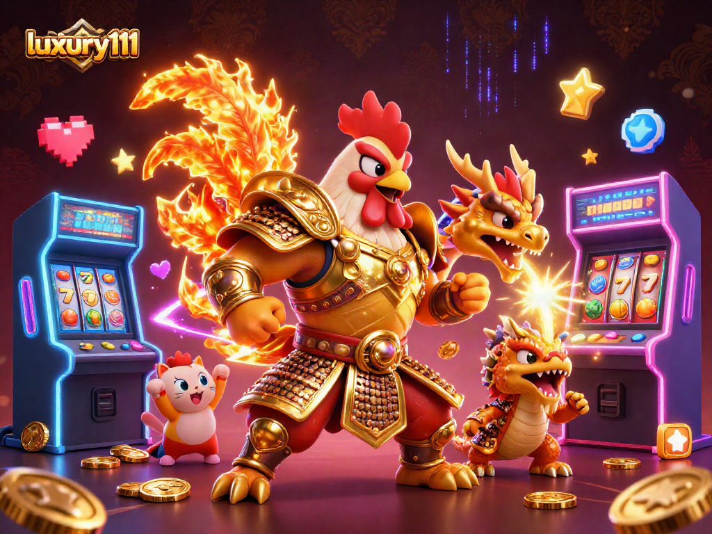 Engaging luxury111 casino scene with a fighting rooster warrior, dragon hatchling, arcade games, and slot symbols.