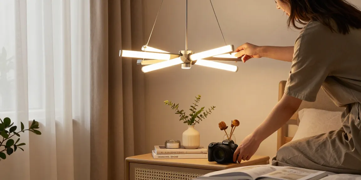 Lustra dormitor elegantă, cu un design modern și lumină caldă, creând o atmosferă primitoare.