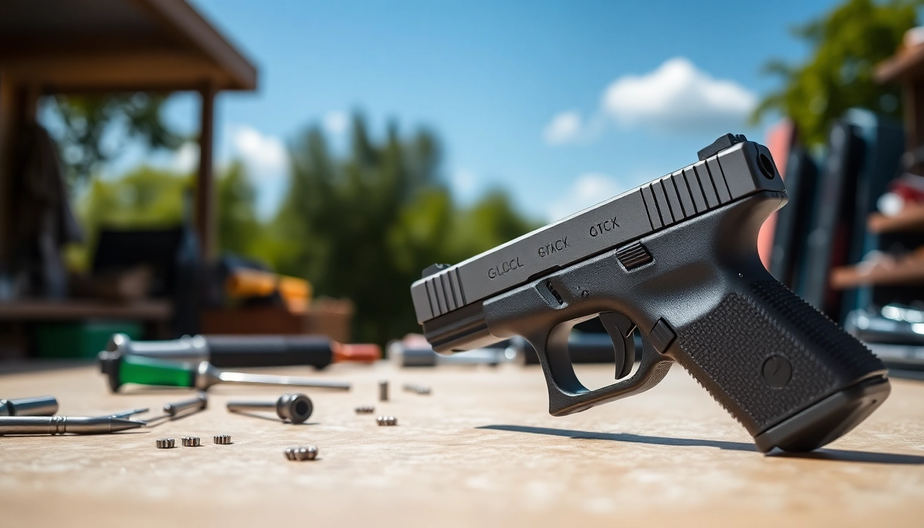 Showcasing a glock 43x slide on a workbench, highlighting its smooth finish and intricate design details.