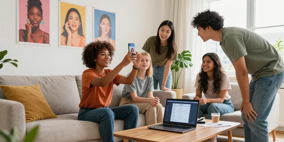 Engaging scene of friends taking an attractive test in a lively living room, showcasing modern beauty standards.