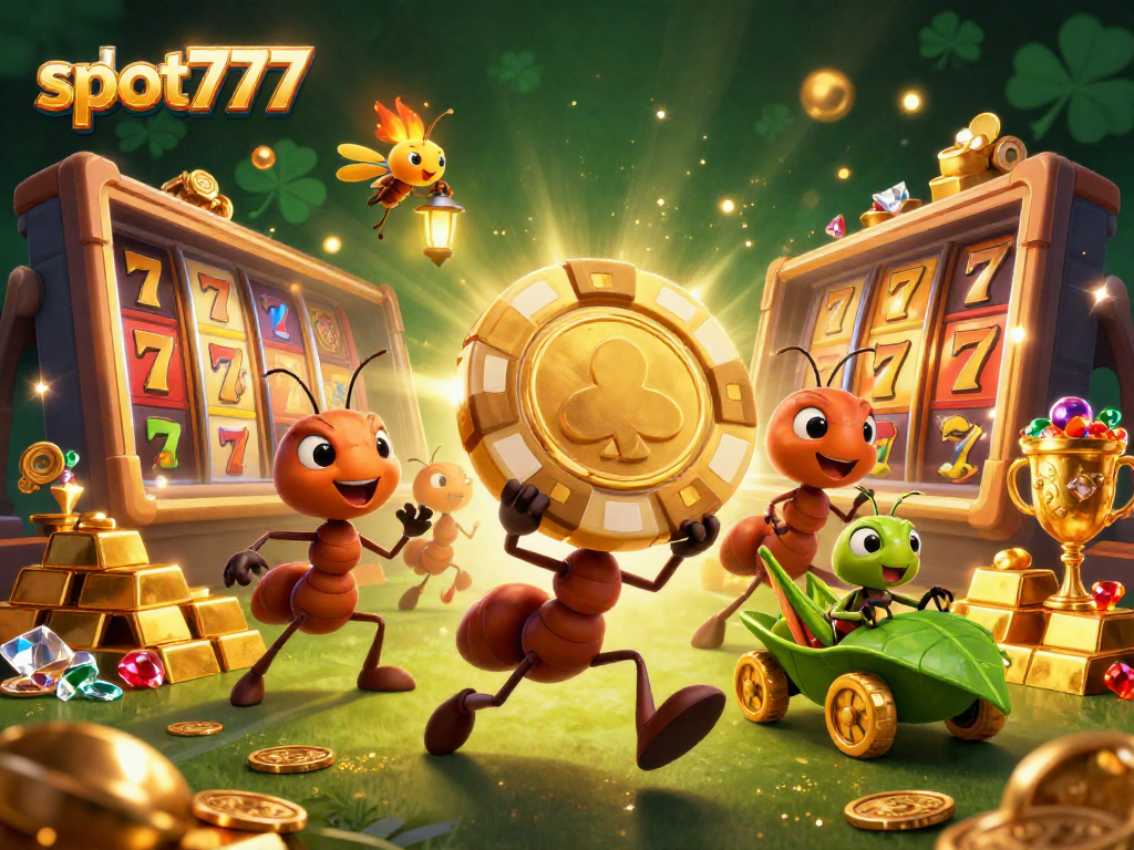 Experience slot777 excitement as ants race through a jackpot-filled tunnel with golden chips.