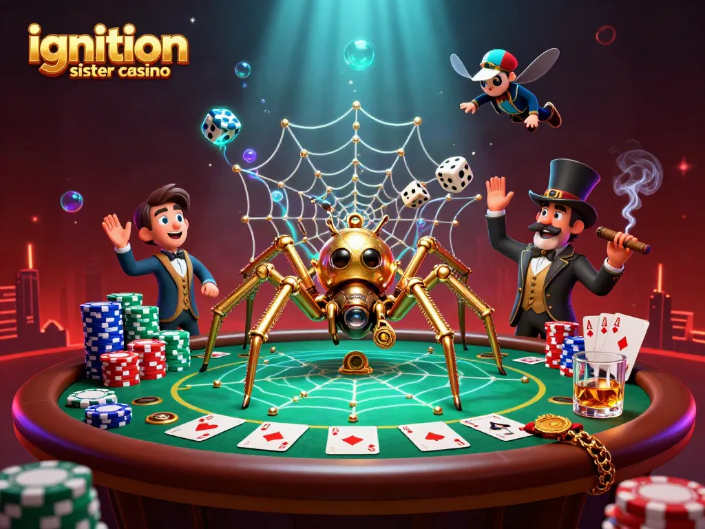 Engage with the ignition sister casino in a vibrant 3D scene filled with poker elements.