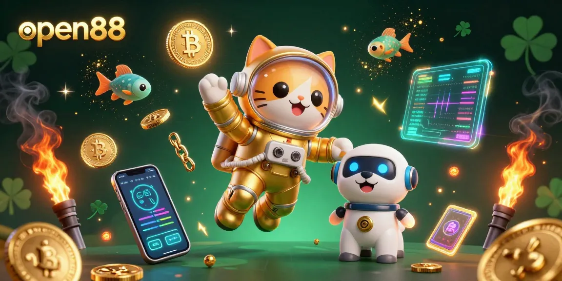 Play exciting games at open88 with a vibrant scene of a lucky astronaut cat and crypto elements.