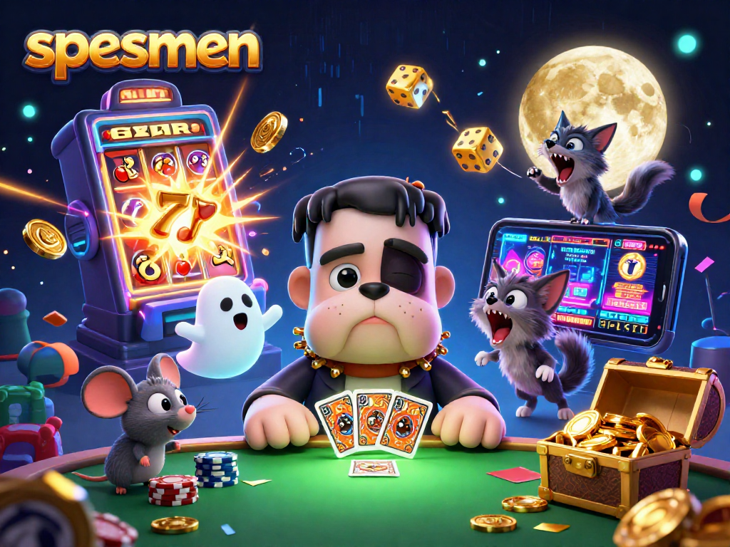 Engage in fun with spesmen while playing exciting casino games at a vividly illustrated gambling scene.
