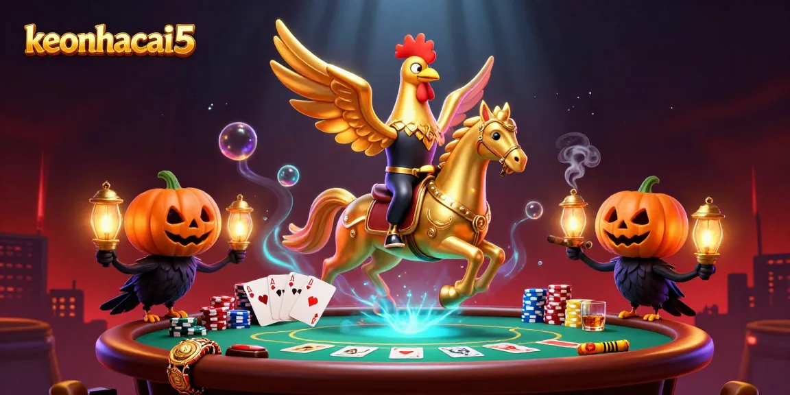 Engage with keonhacai5's vibrant casino action featuring golden rooster characters in a spectacular setting.