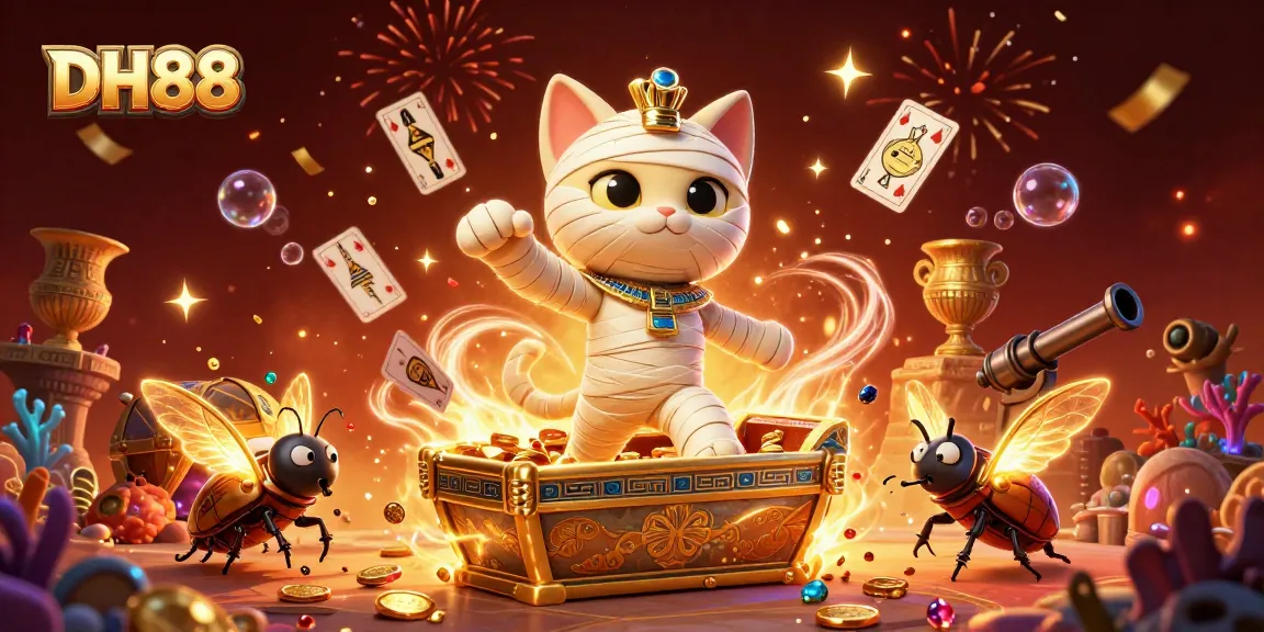 Engage in thrilling gameplay at DH88 with a lively casino illustration featuring Egyptian mummy cat and treasures.