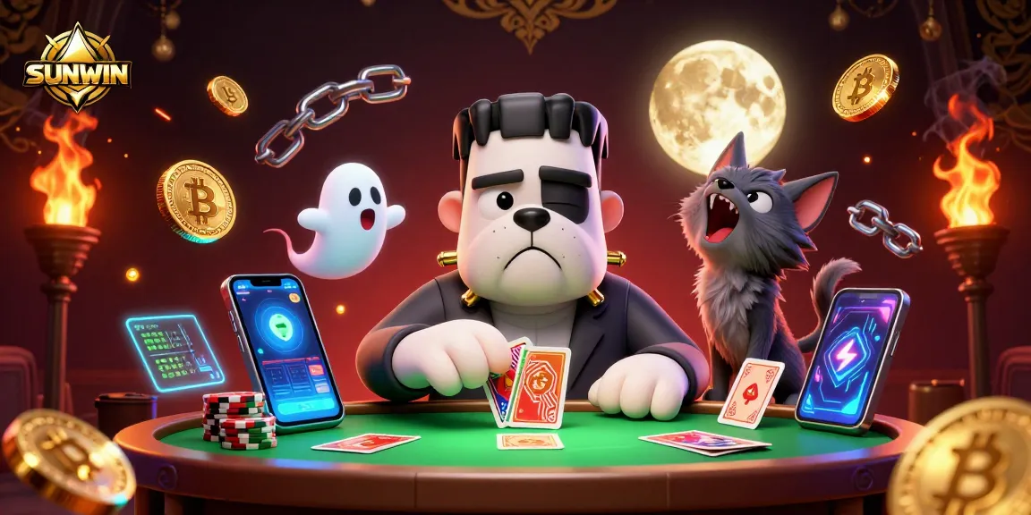 SUNWIN enhances gaming excitement as a Frankenstein bulldog dealer at a spooky table with ghostly elements.