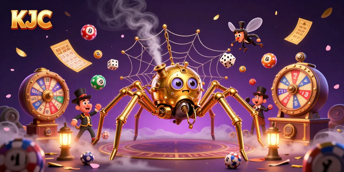 Engage with KJC's vibrant gaming world, featuring a steampunk spider in a dynamic casino scene.