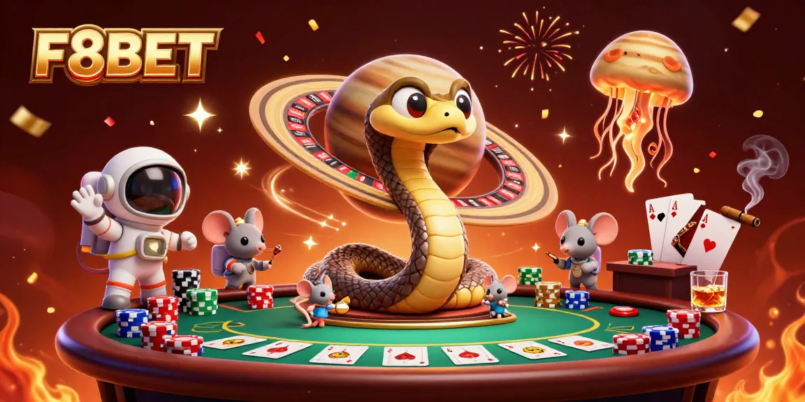 Bet on F8BET's exciting cosmic casino scene featuring a Saturn ring snake and astronaut mice.