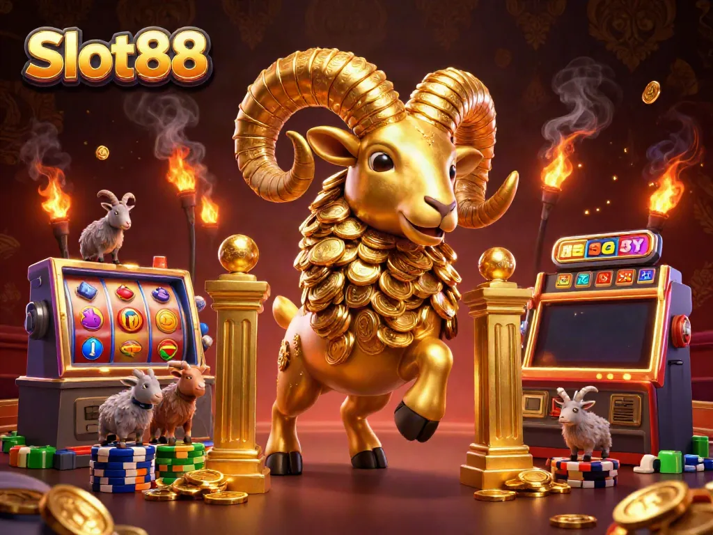 Experience thrilling wins with Slot88's colorful slot machines and golden characters in an exciting casino scene.