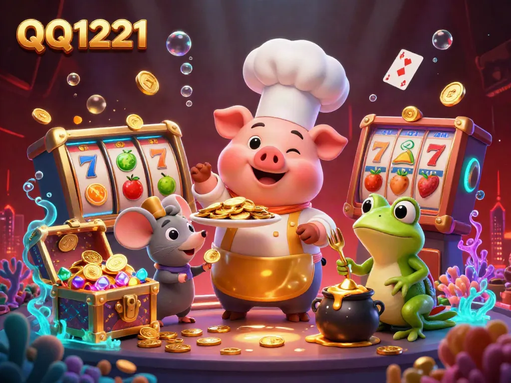 Experience the thrill of QQ1221 with a vibrant casino scene featuring cartoon characters and slot game elements.