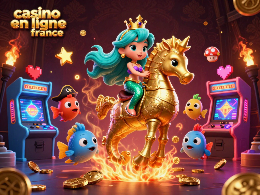 Jouer à des jeux de casino en ligne France avec une illustration dynamique de sirène, hippocampe doré, et poissons colorés.